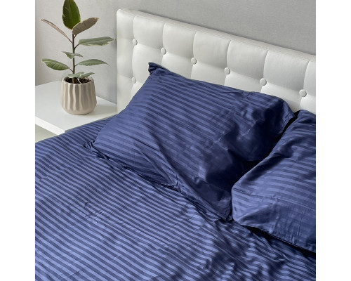 Комплект постільної білизни Stripe Sense Dark Blue сатин-страйп SoundSleep темно-синій сімейний
