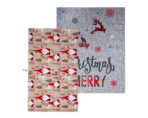 Набір кухонних рушників 2 шт SoundSleep Merry Christmas вафельних 30х50 см і 45х60 см бежевий з сірим (2800004713702)