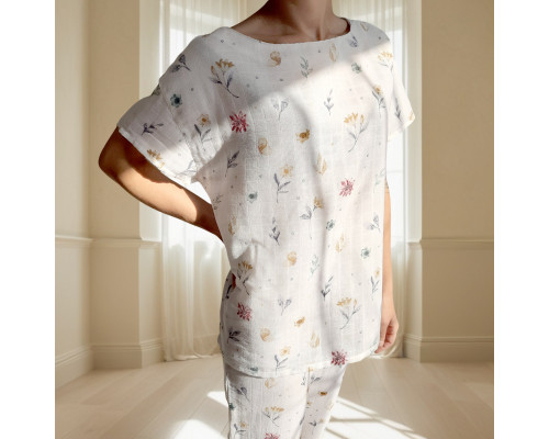Жіноча піжама зі штанами SoundSleep Muslin Flowers муслінова L/XL  біла (2800004590495)